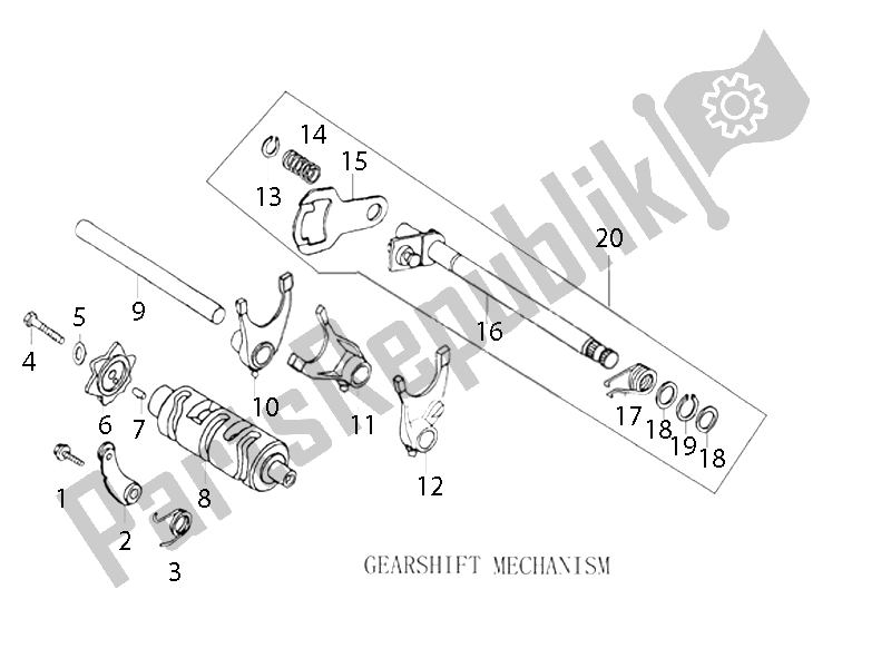 All parts for the Gearshift Mechanism (2) of the Derbi ETX 150 2014