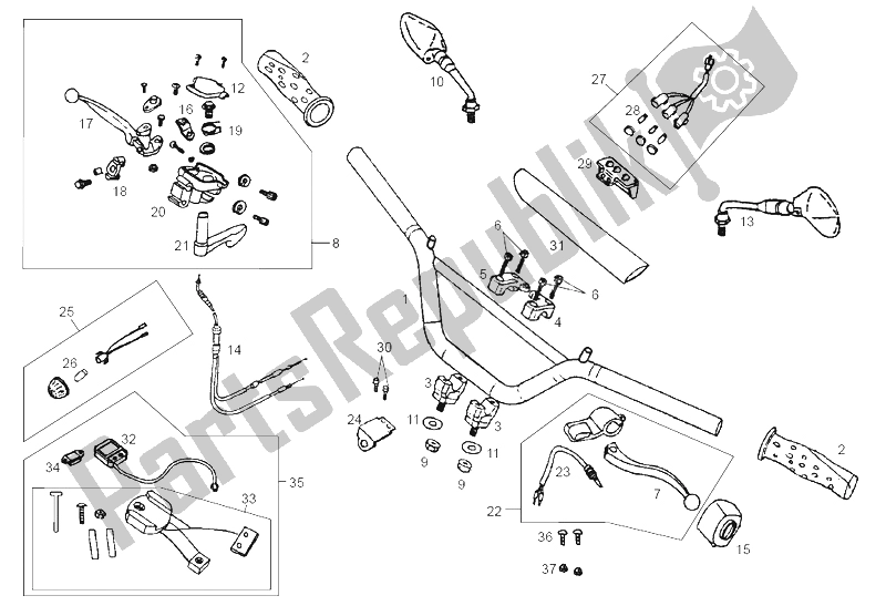 All parts for the Handlebar - Controls of the Derbi DFW 50 CC E2 2004