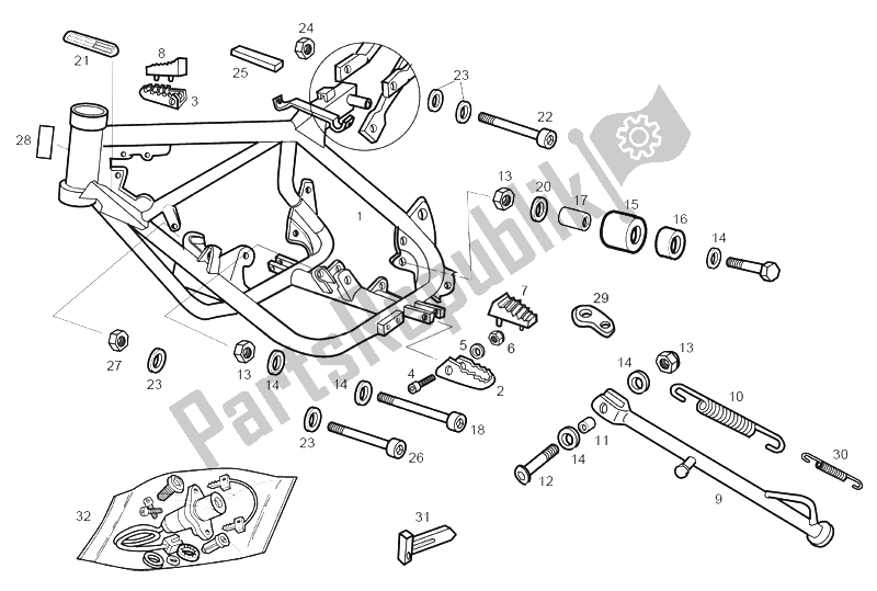 Toutes les pièces pour le Châssis - Béquille Centrale du Derbi Senda 50 R Racer 2002