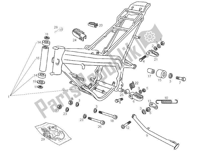 All parts for the Central Stand of the Derbi Senda 50 R X Trem E2 2 Edicion 2005