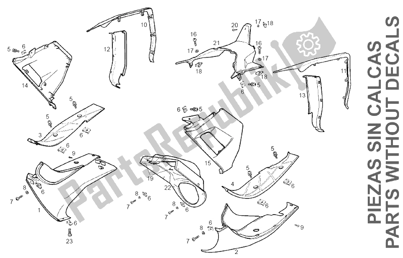 All parts for the Body (3) of the Derbi GP1 50 CC Race E2 2 VER 2005