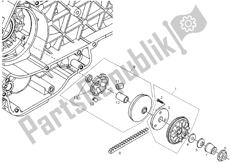 All parts for the Secondary Pulley of the Derbi GP1 LOW Seat 125 CC E3 2 VER 2007