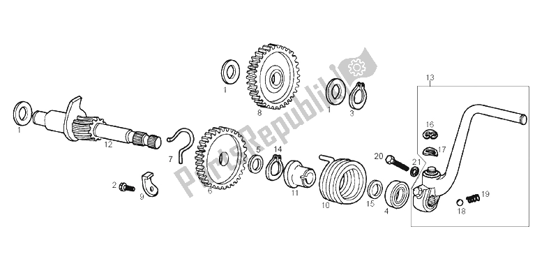 All parts for the Starter Assembly of the Derbi Senda 50 R X Race E2 3A Edicion 2005