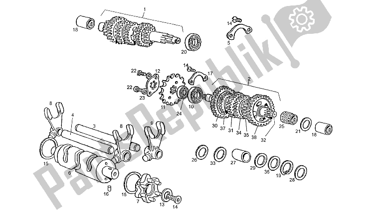 All parts for the Gearbox Rh Primary- Lh Final of the Derbi GPR 50 R Export 1997