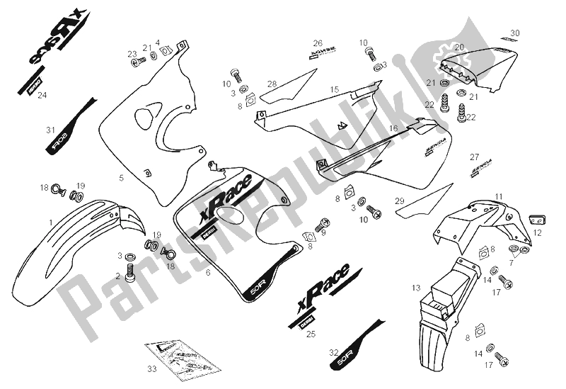 All parts for the Frame of the Derbi Senda 50 R X Race E2 3A Edicion 2005
