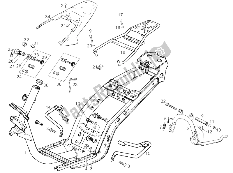 All parts for the Central Stand of the Derbi Boulevard 200 CC E2 2005