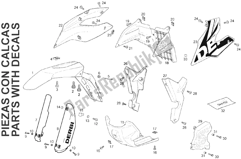 All parts for the Front Mudguard of the Derbi Senda 125 R SM DRD Racing 4T E3 2 VER 2009