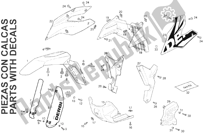 All parts for the Front Mudguard of the Derbi Senda 125 R SM DRD Racing 4T E3 2 VER 2009