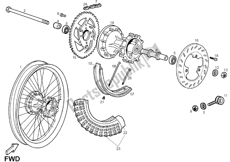 Toutes les pièces pour le Roue Arrière du Derbi Senda 50 R X Trem E2 3 VER 2008