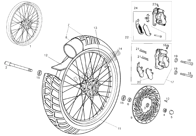 All parts for the Front Wheel of the Derbi Mulhacen Cafe 125 E3 2008