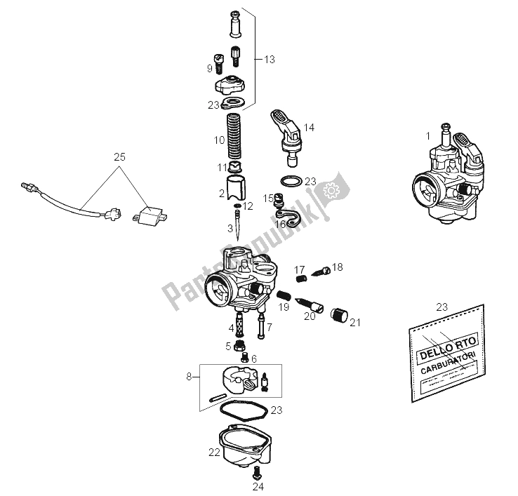 All parts for the Carburettor of the Derbi Senda 50 SM Black DRD Edition 2005