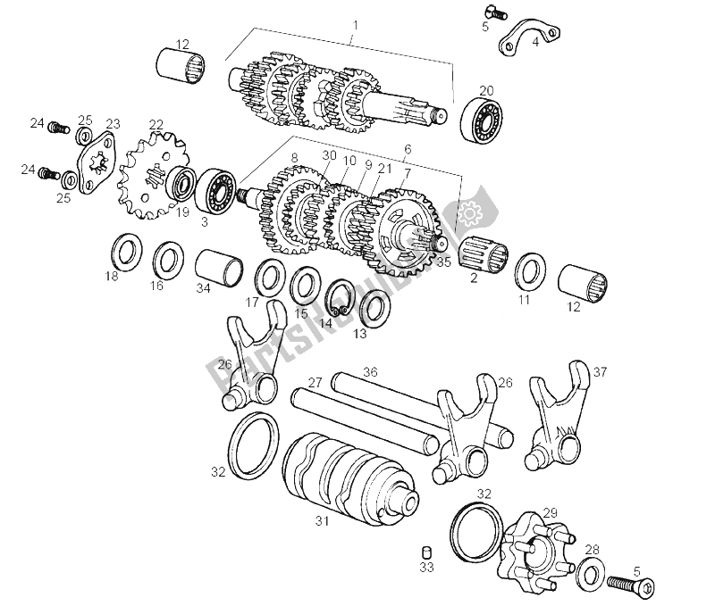 All parts for the Gear Box of the Derbi Senda 50 SM X Race E2 3 Edicion 2007