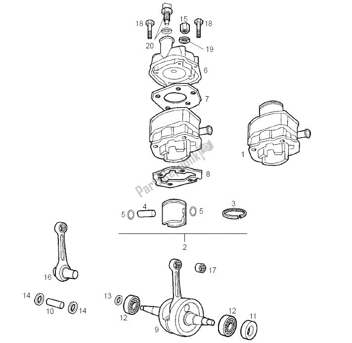 All parts for the Drive Shaft - Cylinder - Piston of the Derbi Senda 50 R X Race E2 3A Edicion 2005