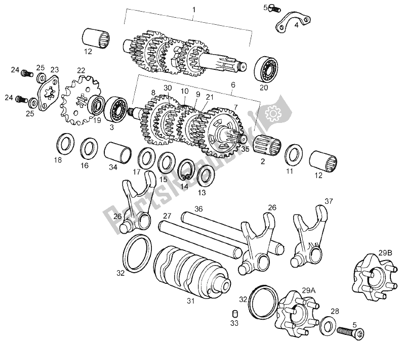 All parts for the Gear Box of the Derbi Senda 50 R X Trem E2 3 VER 2008