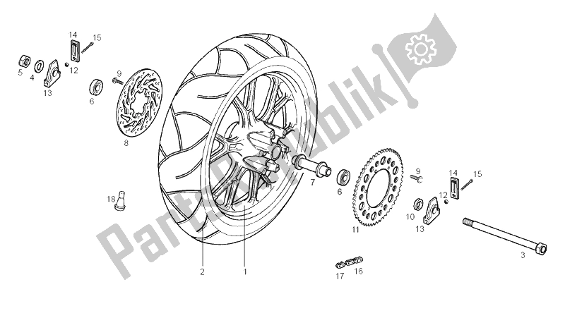 Toutes les pièces pour le Roue Arrière du Derbi GPR 50 Replica Pesek E2 2007