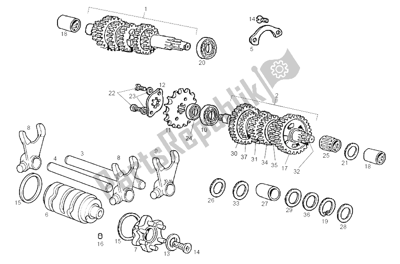 All parts for the Gear Box of the Derbi GPR 50 Racing E2 2A Edicion 2004