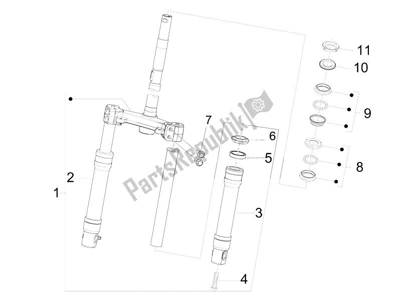 All parts for the Front Fork of the Derbi Boulevard 125 CC 4T E3 2008