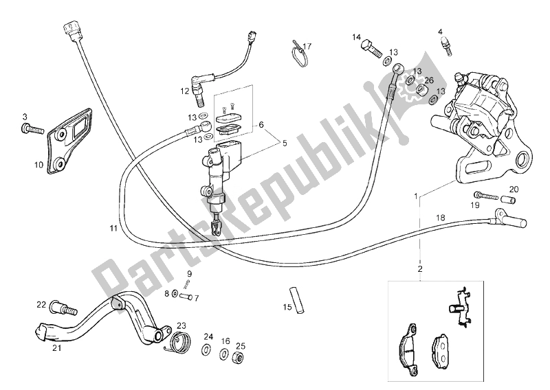 All parts for the Rear Brake of the Derbi Mulhacen Cafe 125 E3 2008