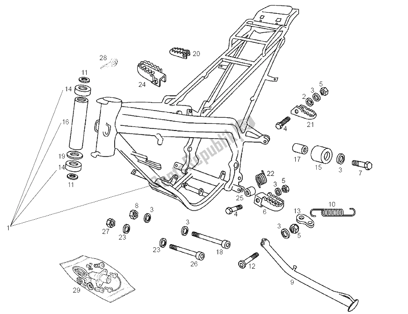 All parts for the Central Stand of the Derbi Senda 50 R X Race E2 3A Edicion 2005