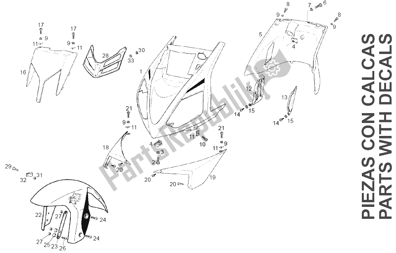 All parts for the Body (2) of the Derbi GP1 50 CC Race E2 2 VER 2005