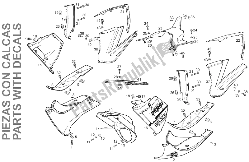 Toutes les pièces pour le Corps (4) du Derbi GP1 50 CC Open E2 2 VER 2006