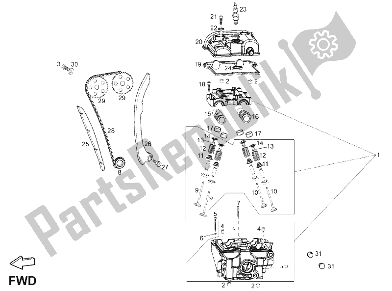 All parts for the Cylinder Head of the Derbi Terra 125 4T E3 2007