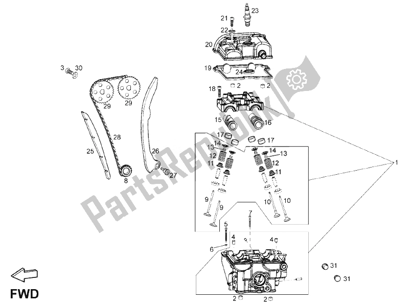 All parts for the Cylinder Head of the Derbi Terra Adventure E3 125 2008