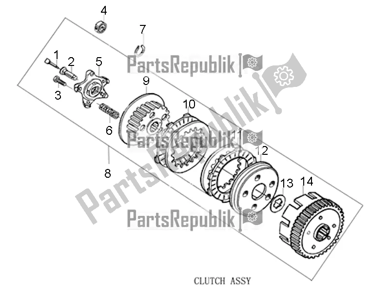 All parts for the Clutch Assy of the Derbi ETX 150 2016