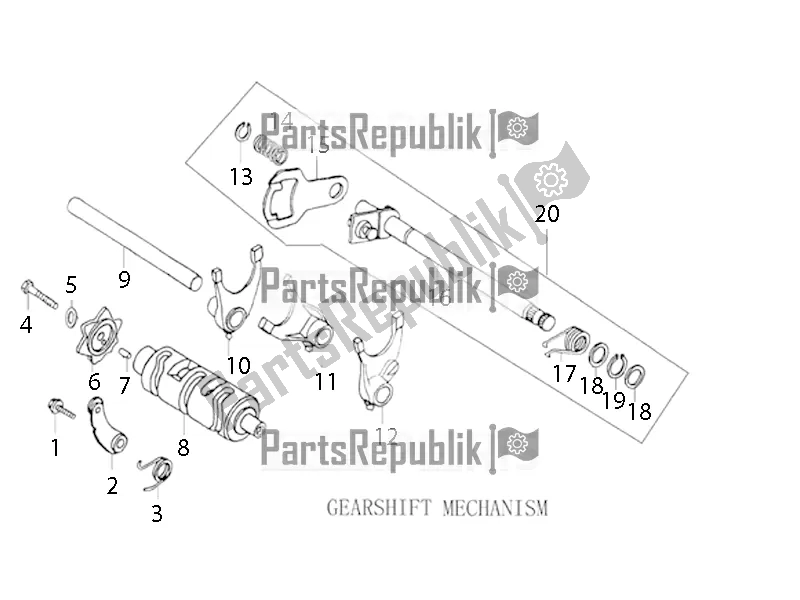 All parts for the Gearshift Mechanism of the Derbi ETX 150 2016
