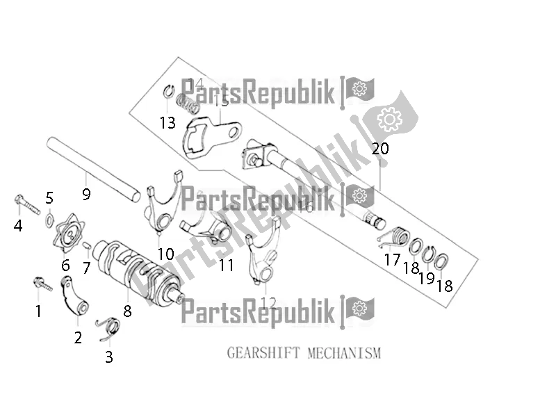 All parts for the Gearshift Mechanism of the Derbi ETX 150 2018