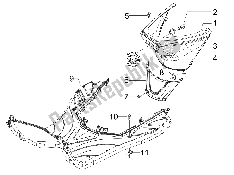 All parts for the Central Cover - Footrests of the Derbi Boulevard 150 4T E3 2010