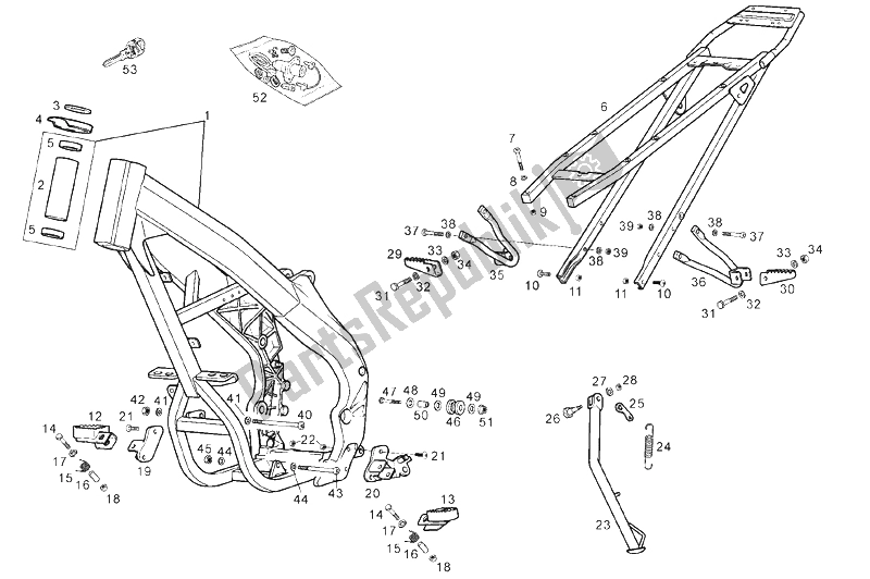 Tutte le parti per il Cavalletto Centrale del Derbi Senda 50 R DRD PRO E2 3 Edicion 2005