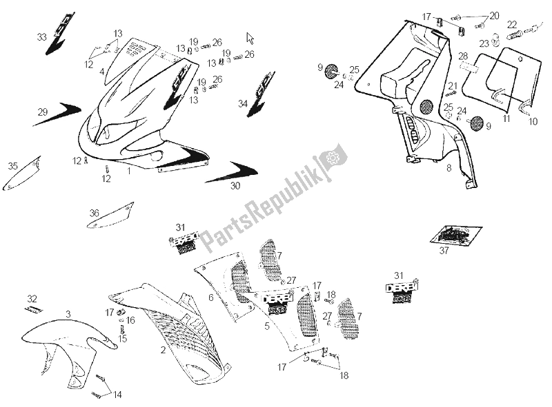 All parts for the Frame of the Derbi GP1 50 CC E1 2003