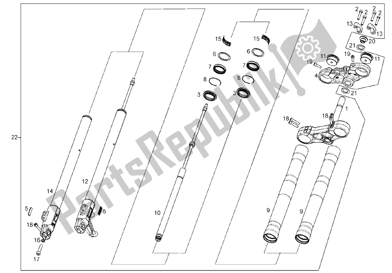 All parts for the Front Fork (2) of the Derbi Mulhacen Cafe 125 E3 2008