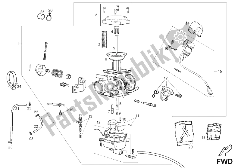 Toutes les pièces pour le Carburateur du Derbi Mulhacen 125 E3 2007