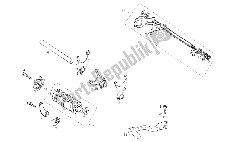 All parts for the Selector Shaft of the Derbi Senda 125 SM Baja 4T E3 2010