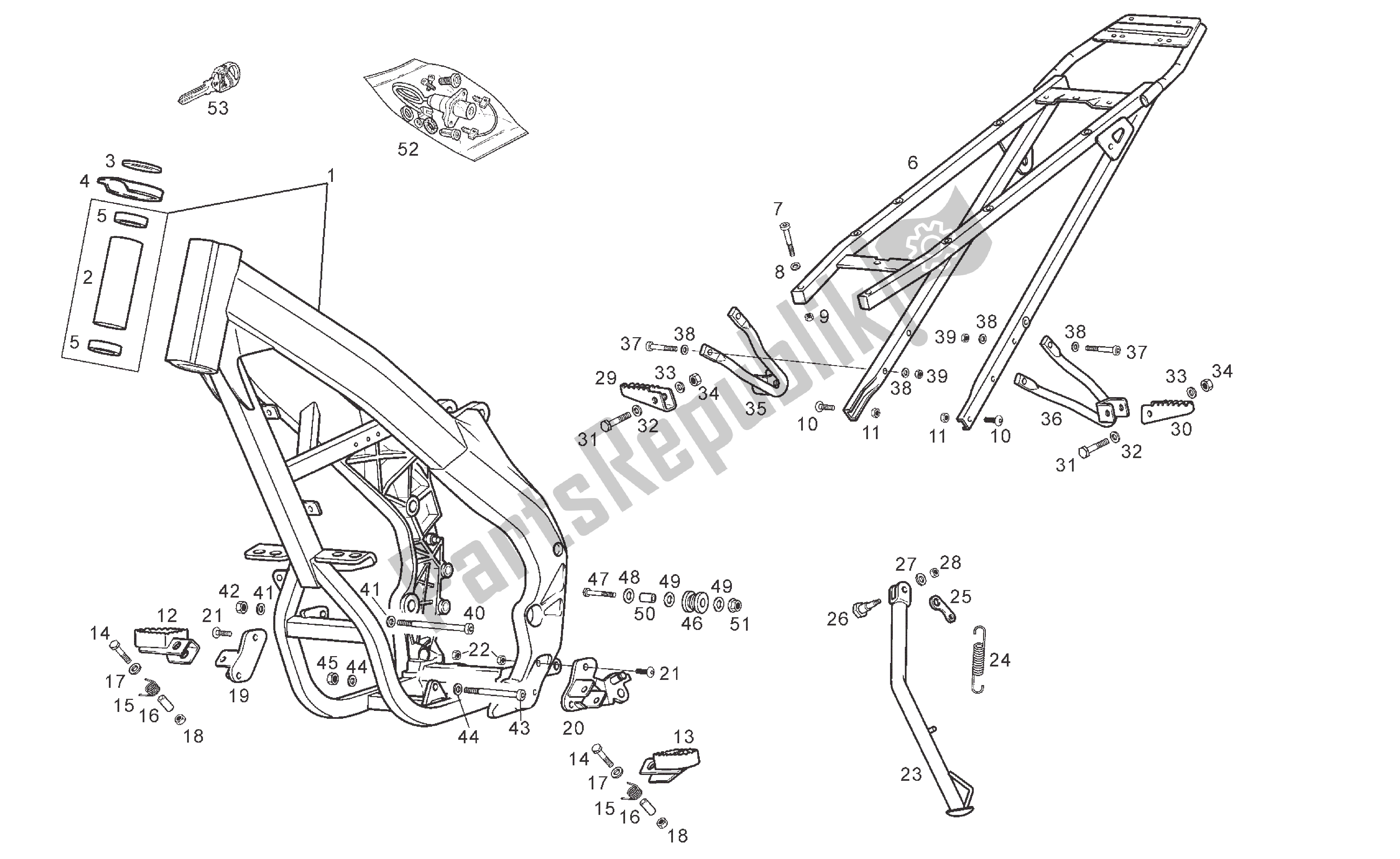 All parts for the Frame of the Derbi Senda DRD SM 50 2005 - 2007