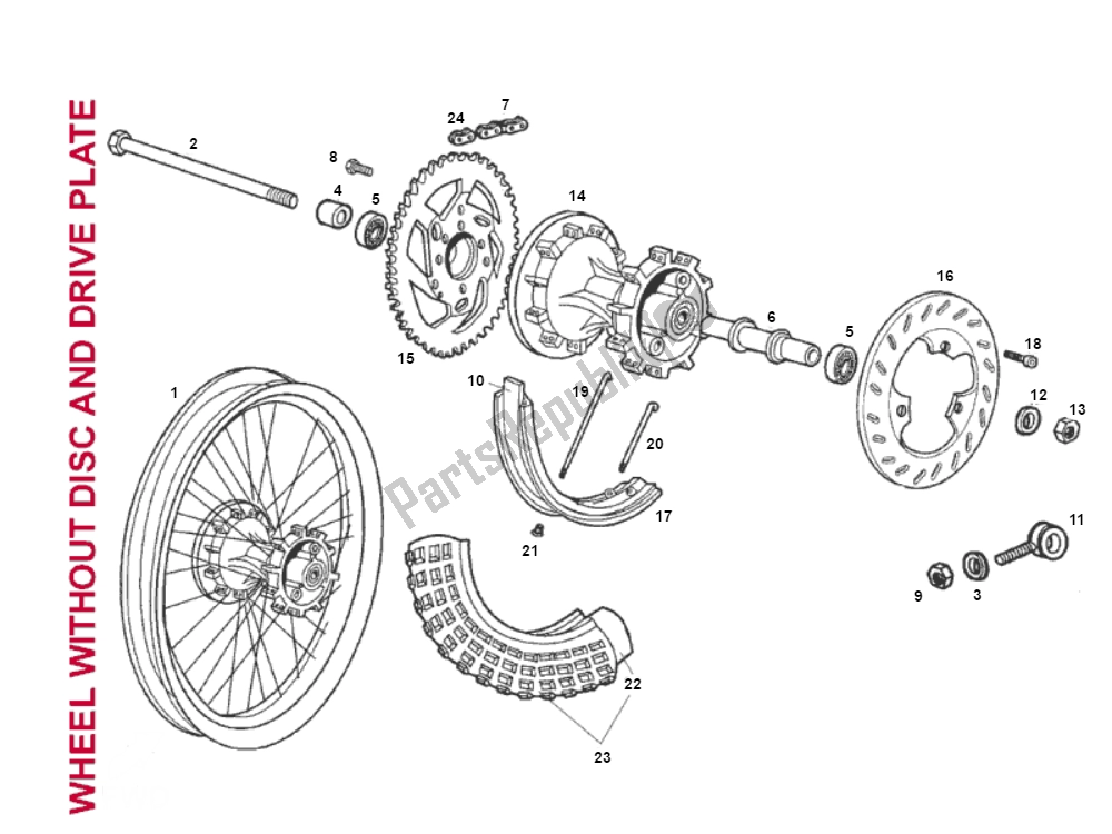 Toutes les pièces pour le Roue Arrière du Derbi Senda R X Treme 2007 E2 3 ED N. M. 50 2007