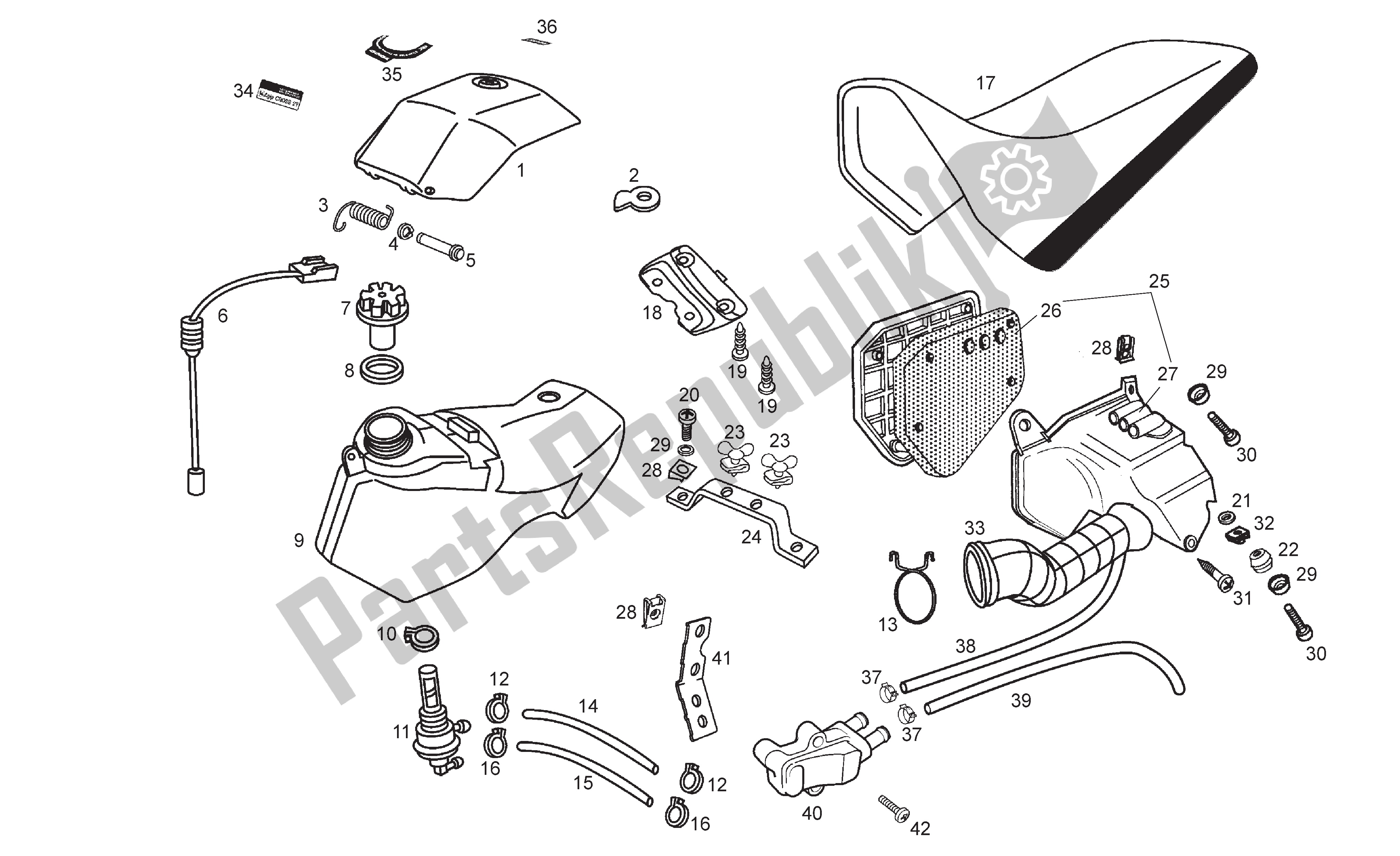 All parts for the Fueltank -filter Box- Seat of the Derbi Senda SM 50 2004