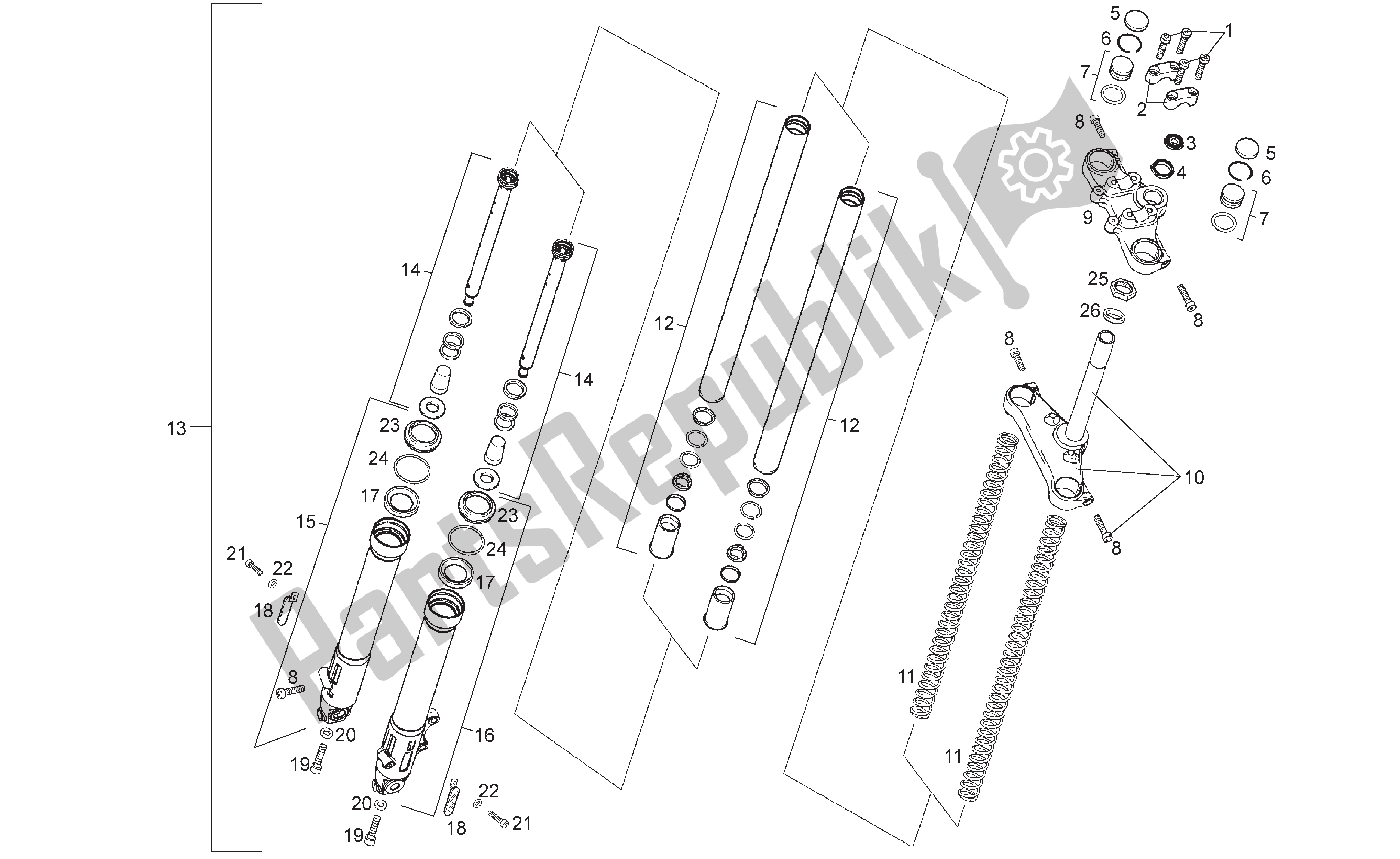 All parts for the Front Fork of the Derbi Senda R 50 2005