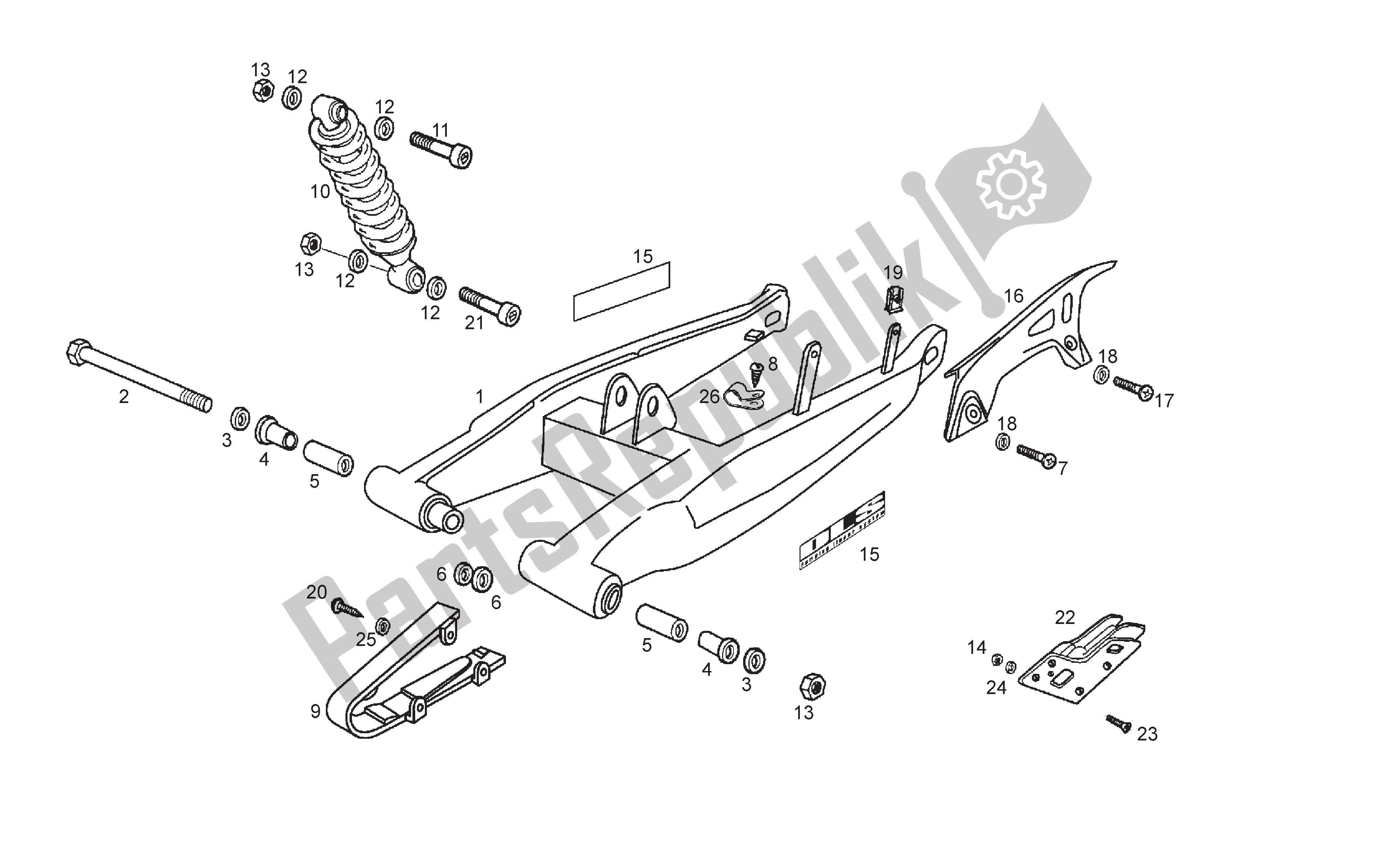 All parts for the Swing Arm - Shock Absorber of the Derbi Senda R 50 2005