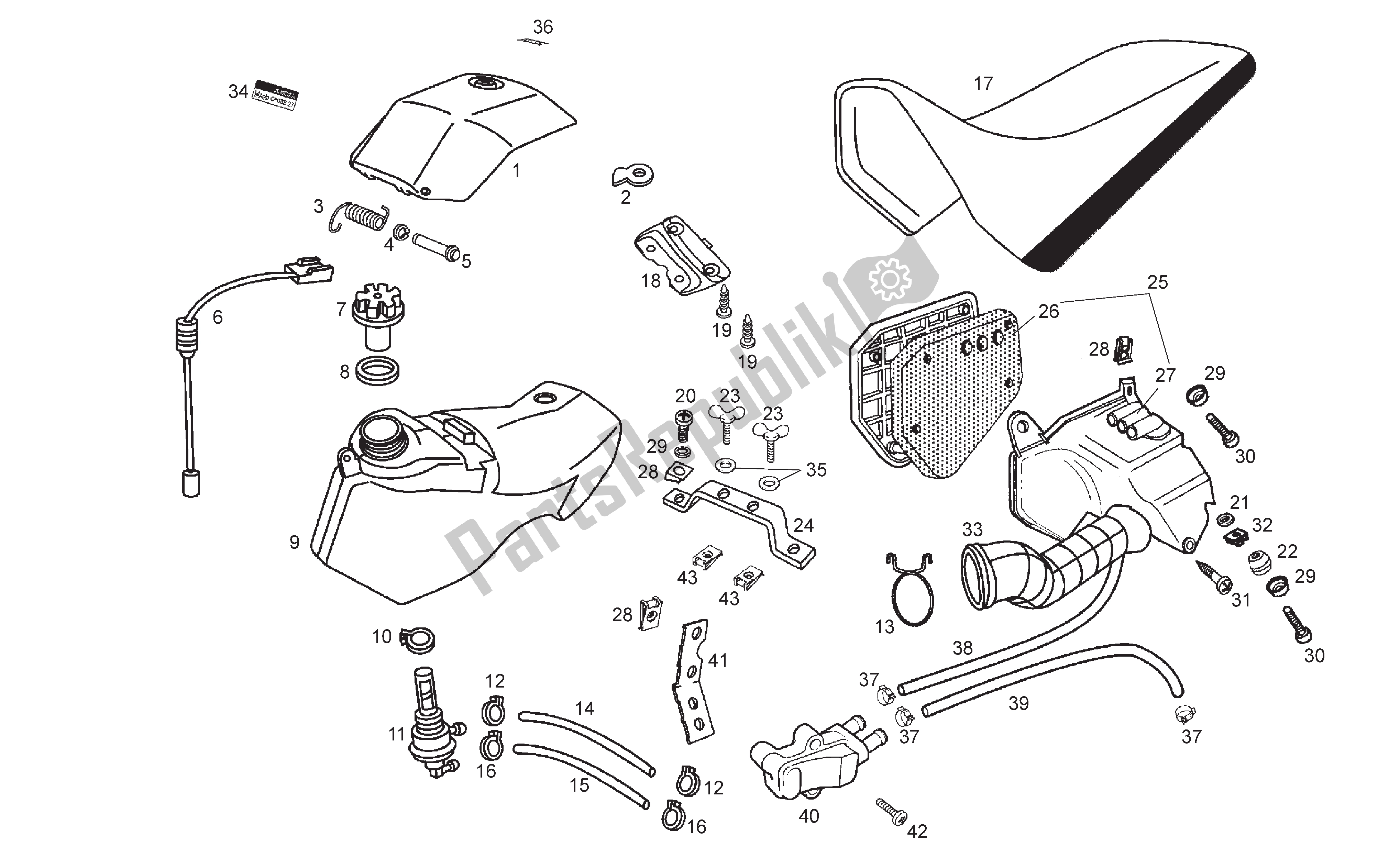 All parts for the Fuel Tank - Filter Box - Seat of the Derbi Senda R 50 2005