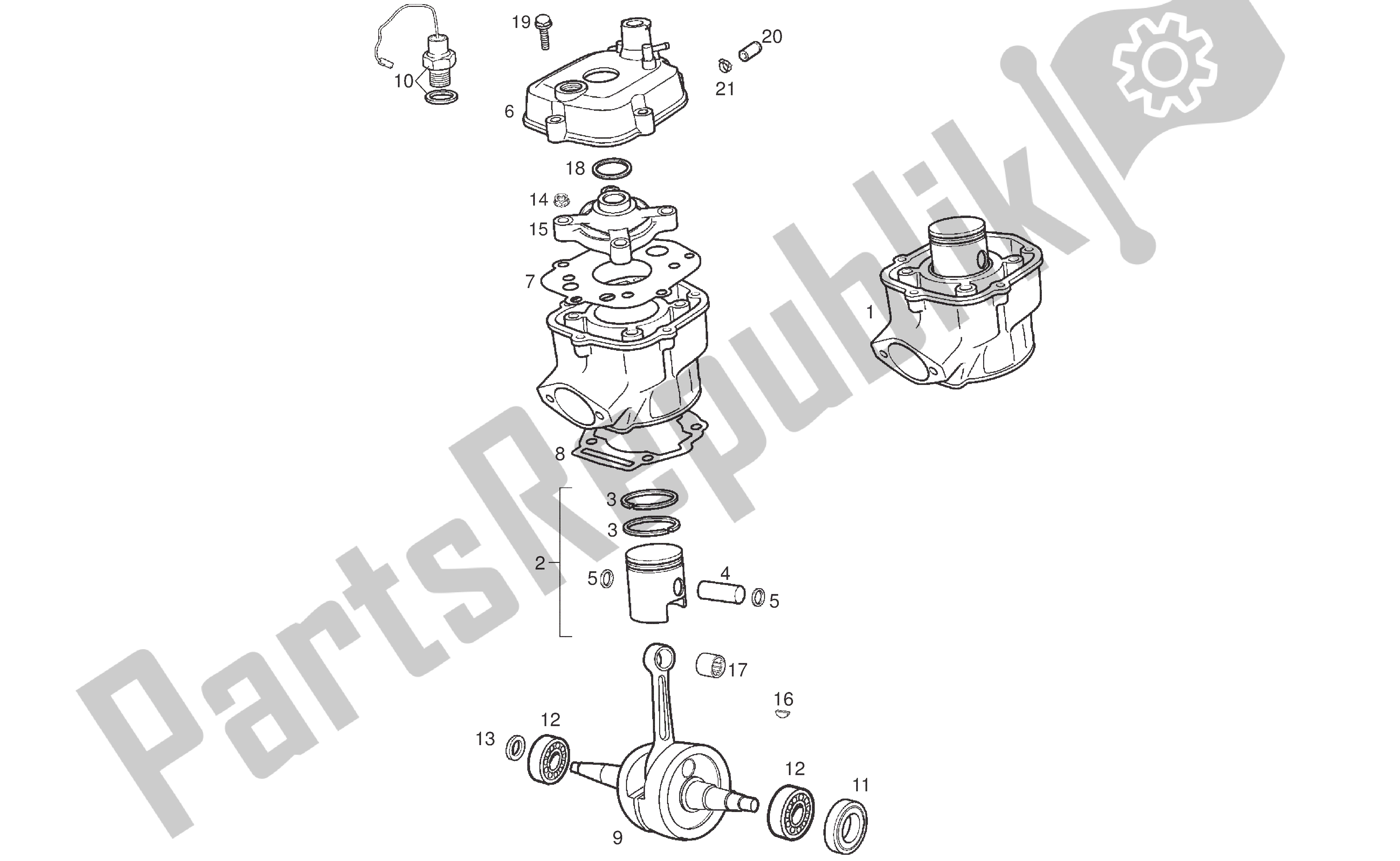 All parts for the Crankshaft Assy - Cylinder And Piston of the Derbi Senda R 50 2007