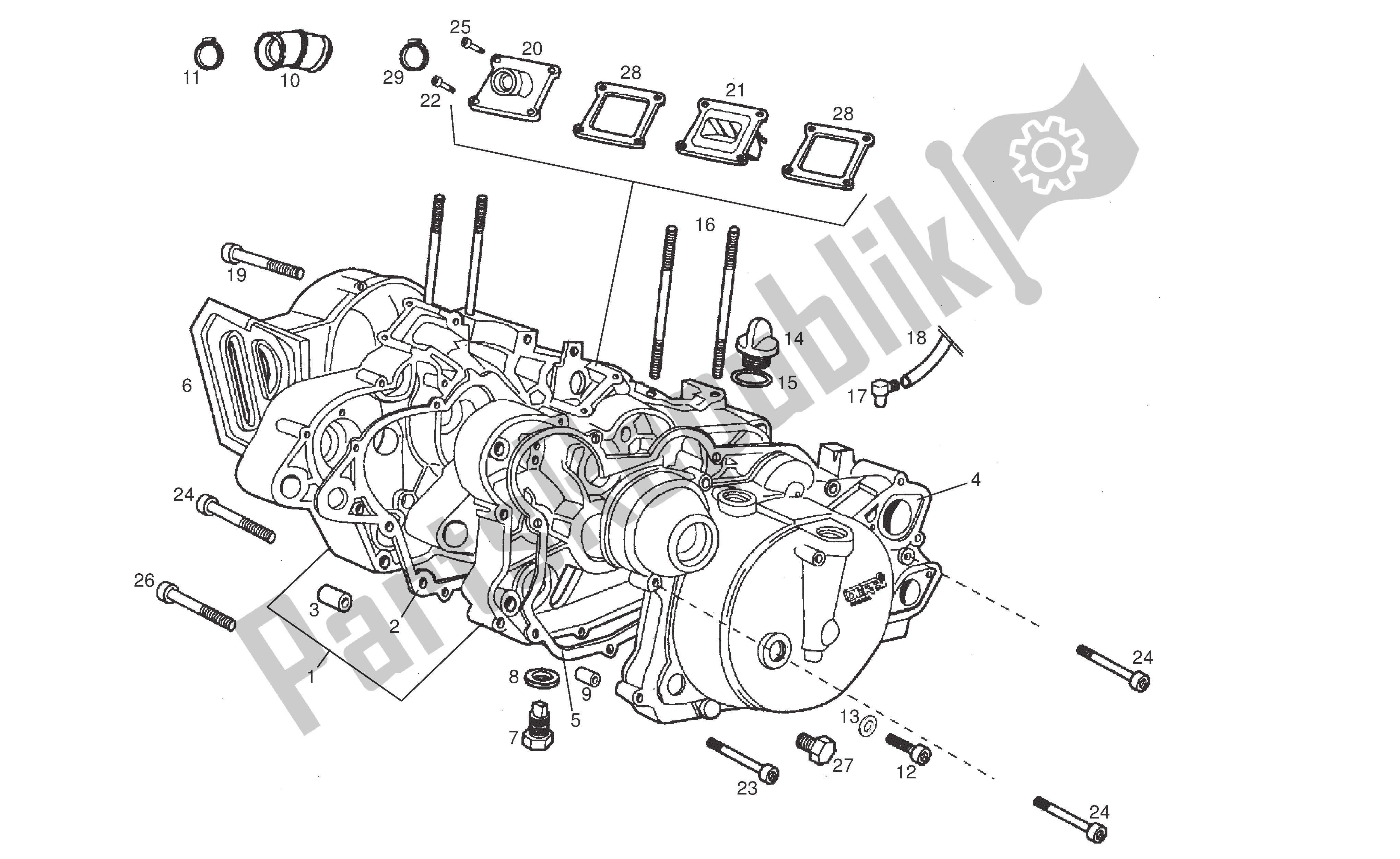All parts for the Cranckase of the Derbi Senda R 50 2005