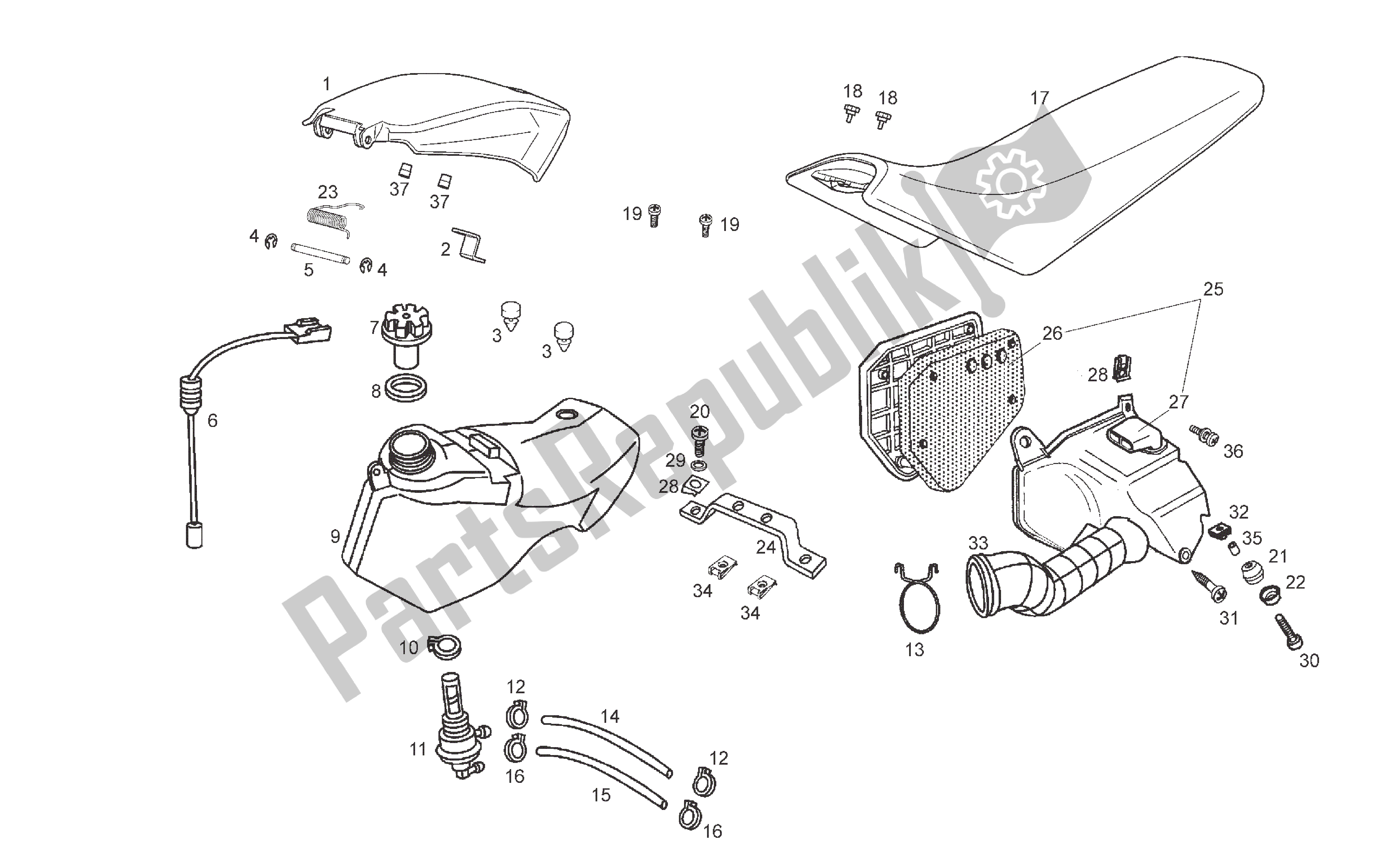 All parts for the Fuel Tank - Filter Box - Seat of the Derbi Senda R 50 2008