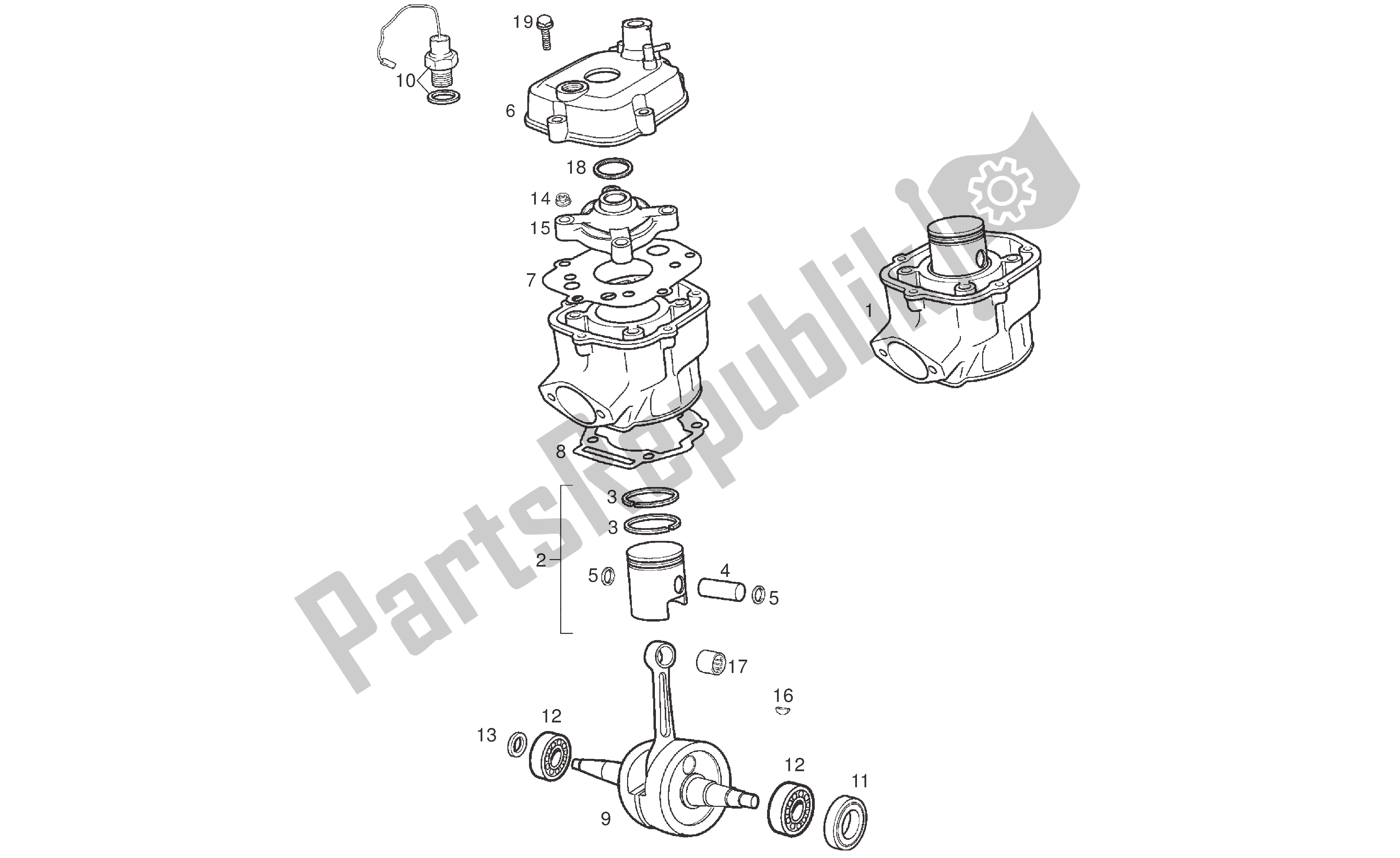 All parts for the Crankshaft Assy - Cylinder And Piston of the Derbi Senda R 50 2008