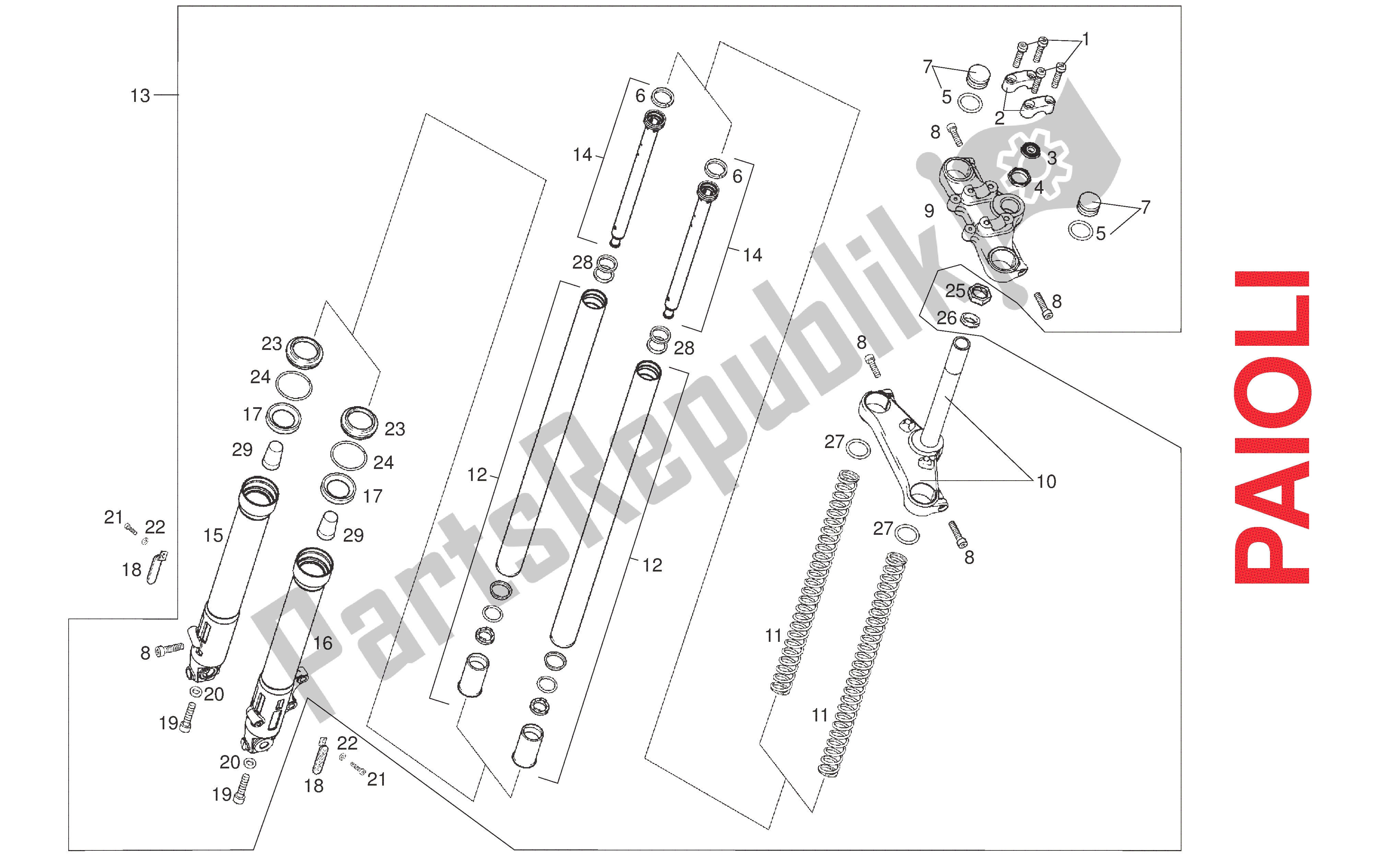 All parts for the Front Fork of the Derbi Senda R 50 2008