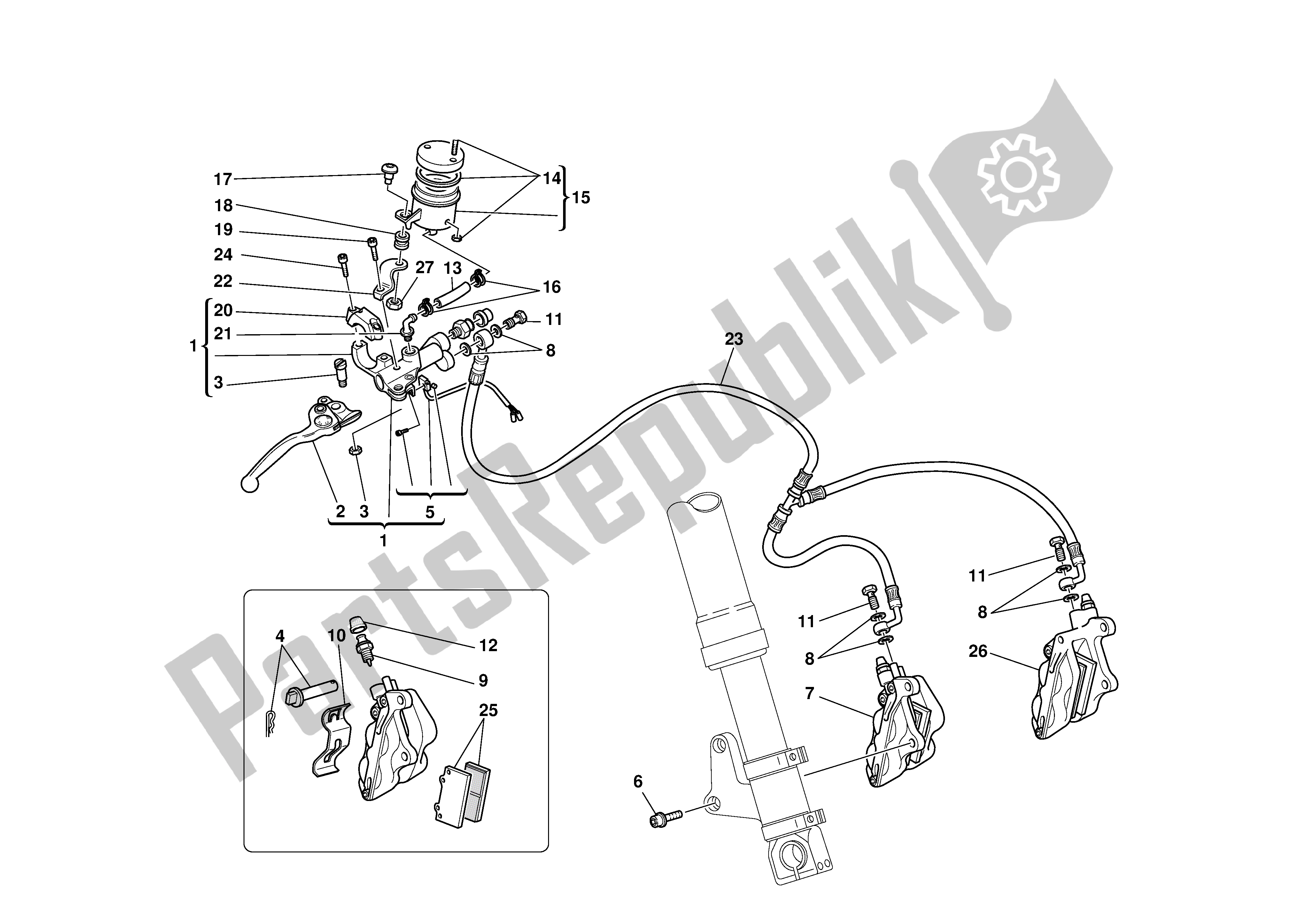 All parts for the Front Hydraulicbrake of the Ducati 748 2001