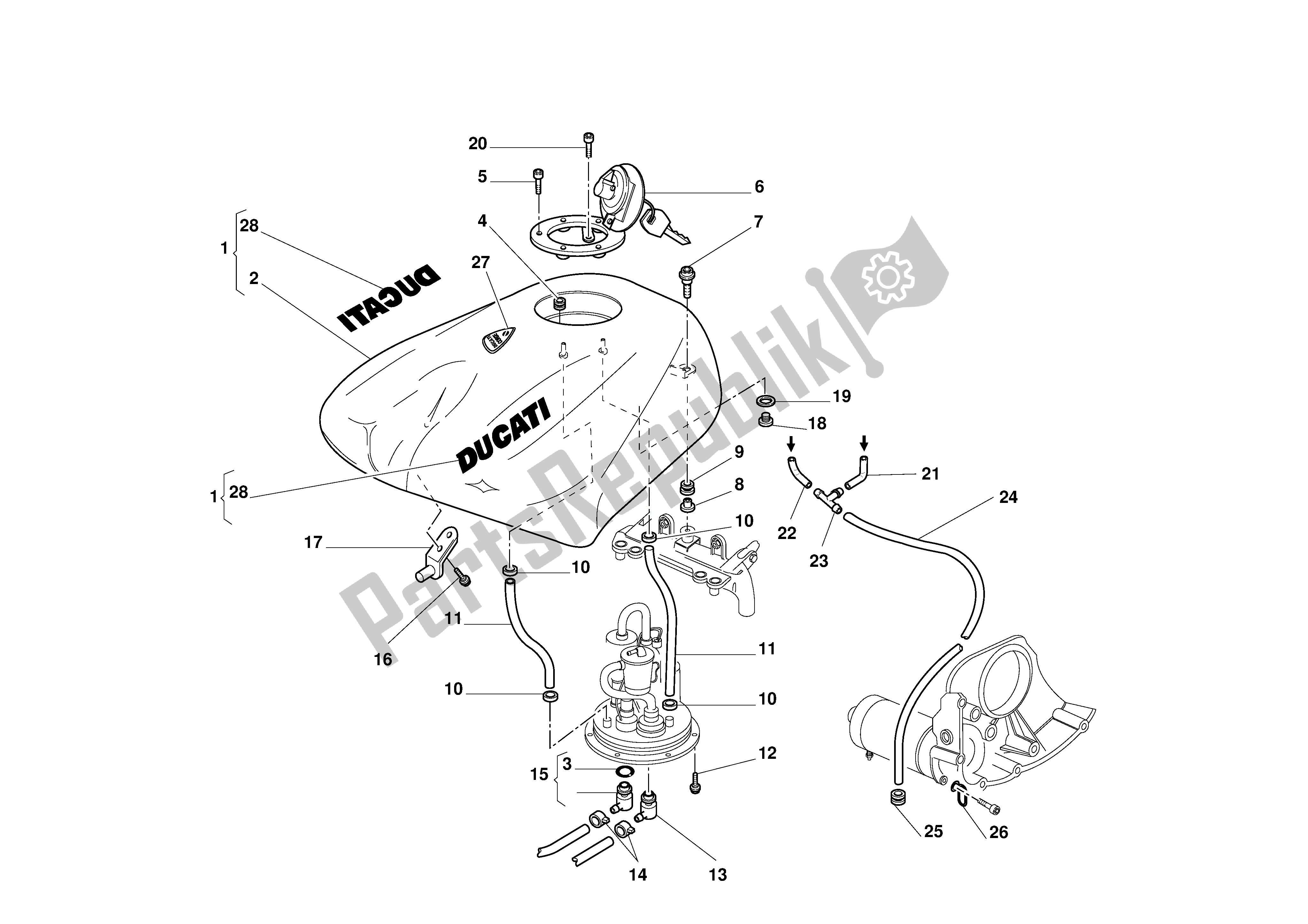 All parts for the Fuel Tank of the Ducati 748R 2001