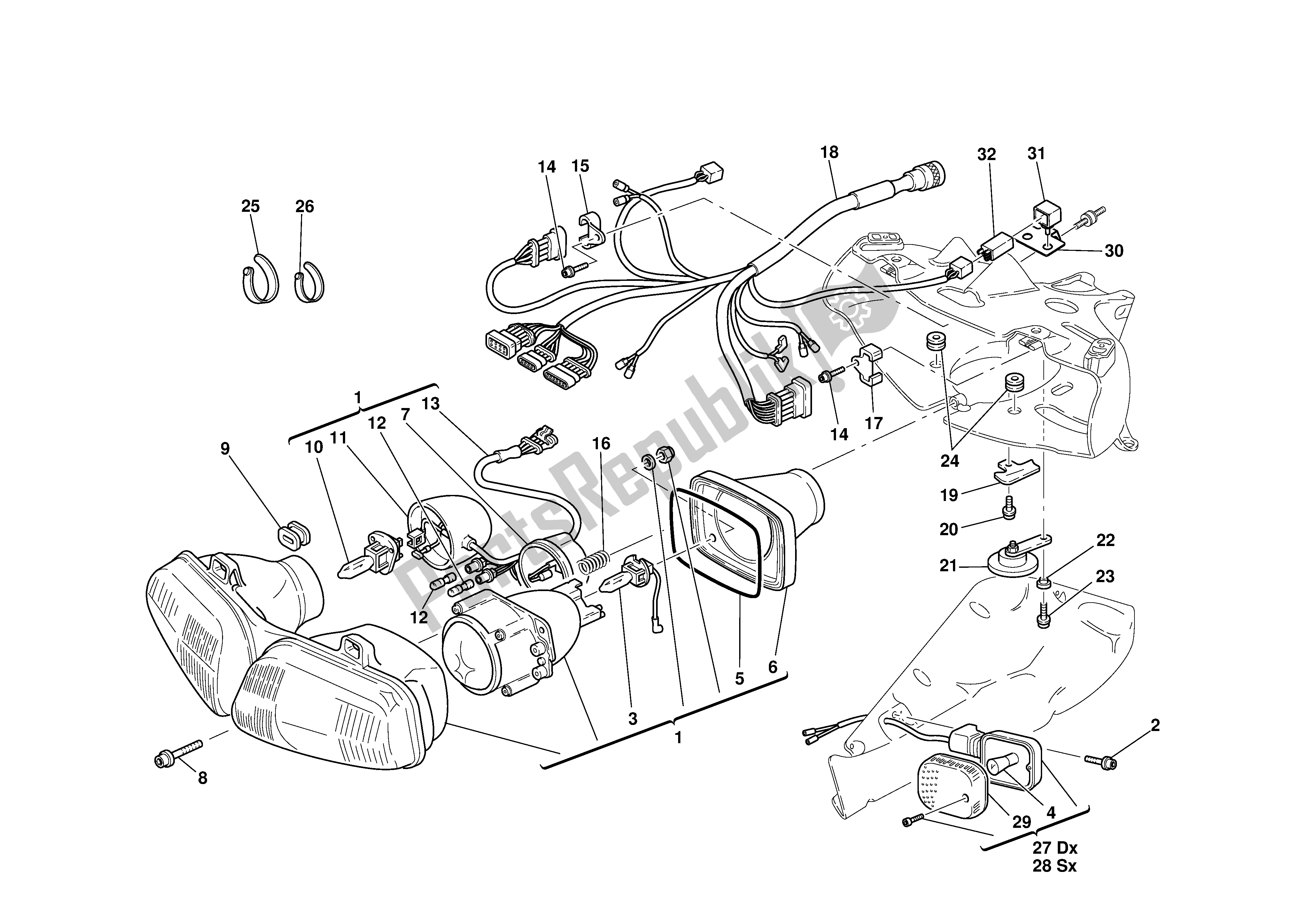 Alle onderdelen voor de Koplamp Vooraan van de Ducati 748R 2001